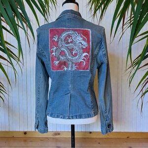 Y2K AMERICAN EAGLE Denim Blazer Size Med Custom Dragon Art Vintage 2000s Jacket